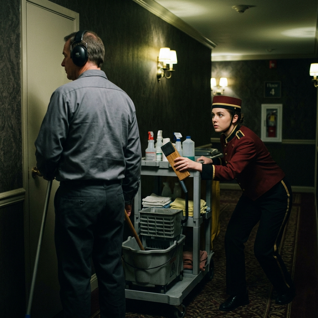 [AI IMAGE PROMPT: A female hotel bellgirl quietly reaching behind a janitor's back to steal a heavy door-wedge from a cleaning cart. The janitor is facing away, wearing headphones. Eerie hallway lighting]