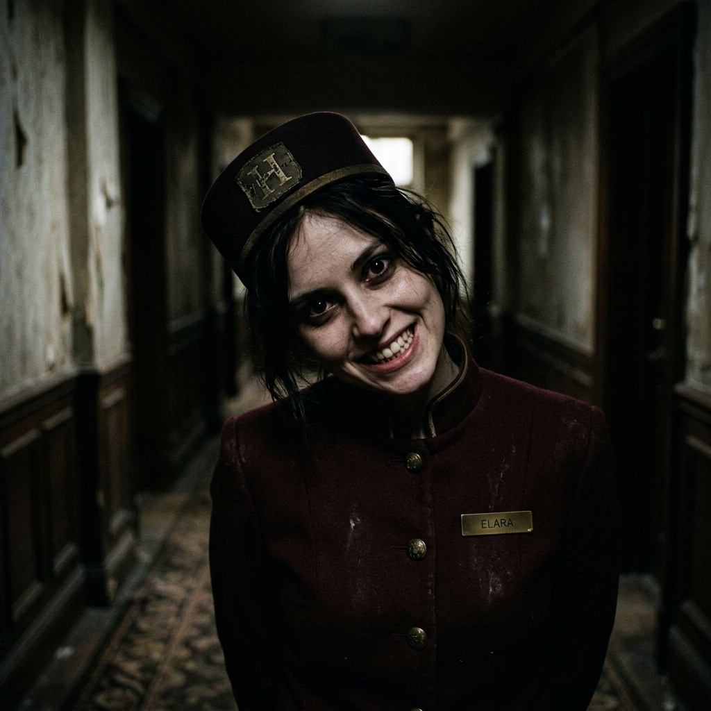 [AI IMAGE PROMPT: Close-up of a female hotel bellgirl in the shadows, looking directly into the camera with a highly unsettling, creepy smile and a slightly tilted head. Psychological horror aesthetic]