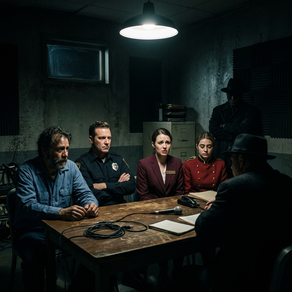 [AI IMAGE PROMPT: Dark, eerie, cinematic shot of four hotel workers (a janitor, a security guard, a receptionist, and a bellgirl) being interrogated by shadowy detectives in a dimly lit room]